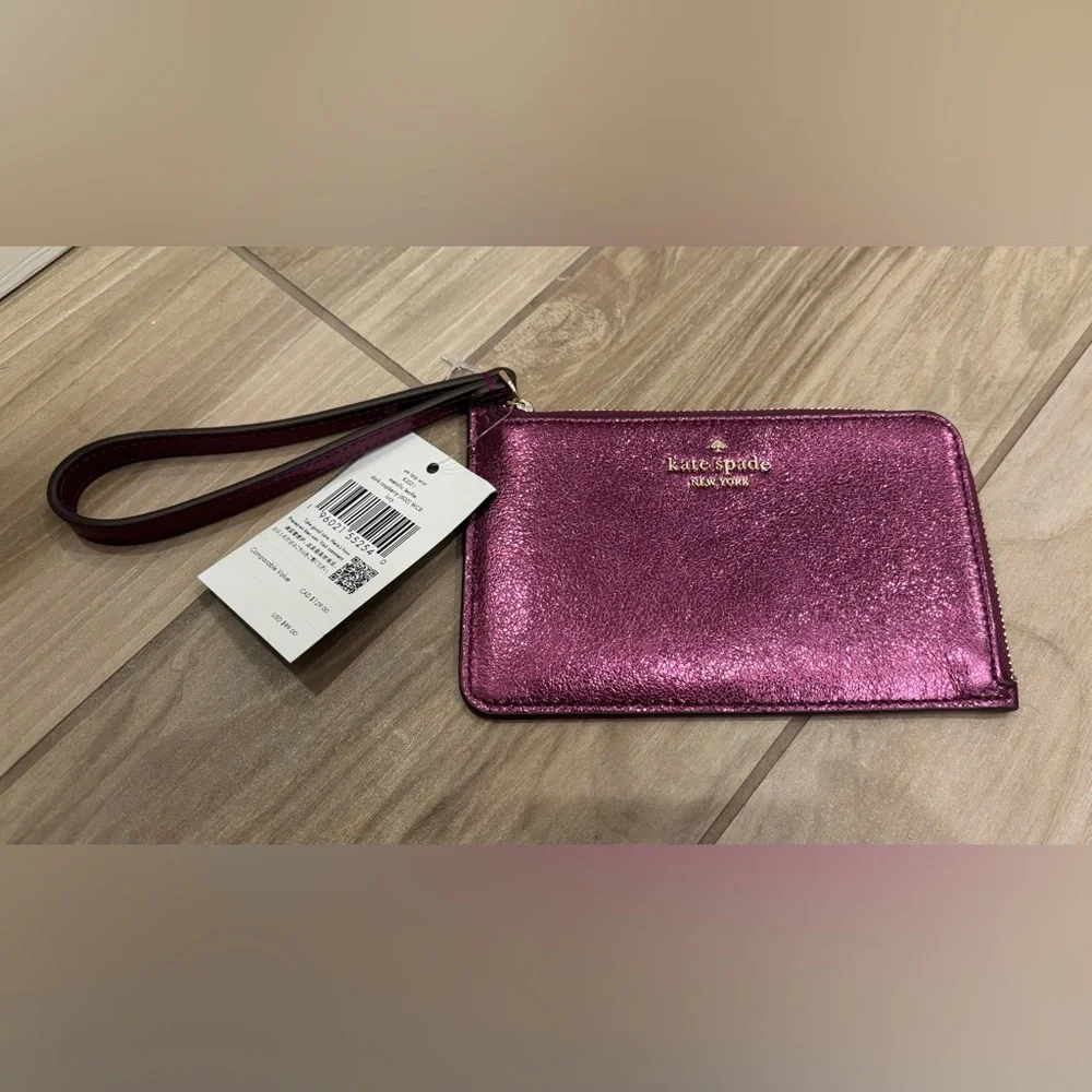 NWT Kate Spade Lucy Metallic Small L-Zip Wristlet in dark raspberry